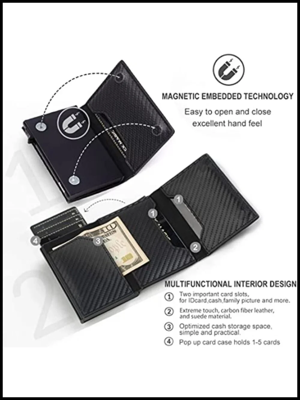 Slim RFID Blocking Magnetic Card Holder Men Wallet 8 Card Capacity Faux Leather